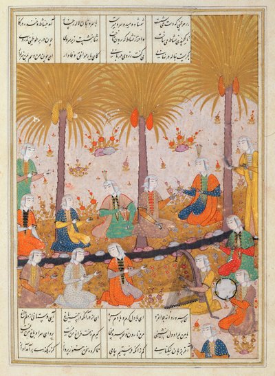 Illustration for a poem by Elyas Nezami depicting girls in a garden singing the praises of his poetry by Persian School